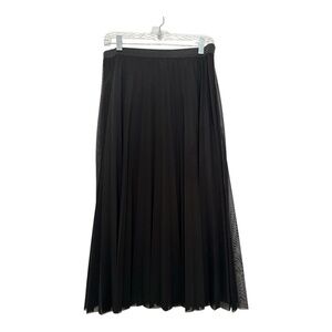 Chiffon Pleated Midi Elastic Waist Skirt Black Sz L